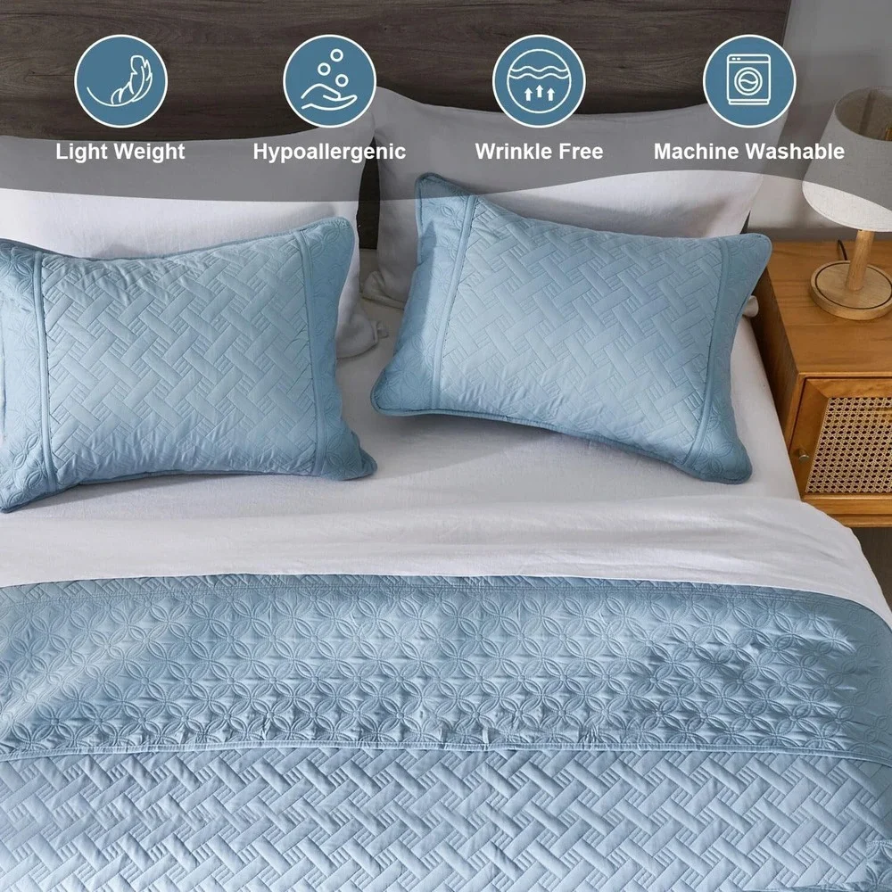 Quilt Set, 3 Piece Soft Basket Weave Sage Green Bedspread King Light Blue